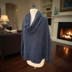 Lafayette 148 New‎ York Cashmere Poncho Cowl Neck Front Crop Sweater Navy Blue S